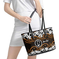 Personalised Cook Islands Rakahanga Leather Tote Bag Tiare Maori Polynesian Waves Tattoo