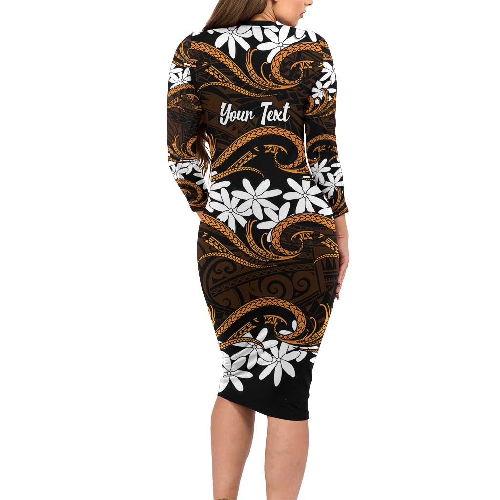 Personalised Cook Islands Rakahanga Long Sleeve Bodycon Dress Tiare Maori Polynesian Waves Tattoo LT14 - Polynesian Pride