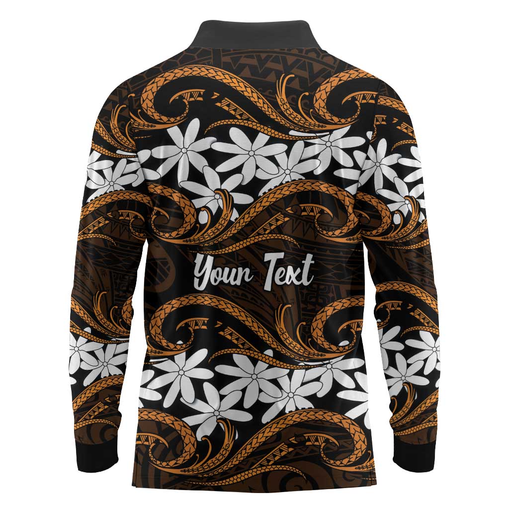 Personalised Cook Islands Rakahanga Long Sleeve Polo Shirt Tiare Maori Polynesian Waves Tattoo LT14 - Polynesian Pride