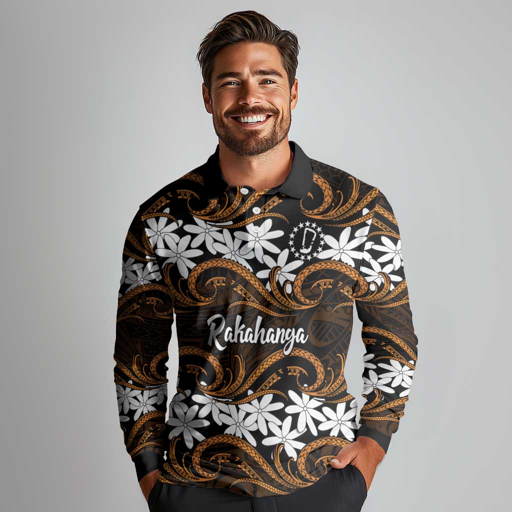 Personalised Cook Islands Rakahanga Long Sleeve Polo Shirt Tiare Maori Polynesian Waves Tattoo LT14 - Polynesian Pride