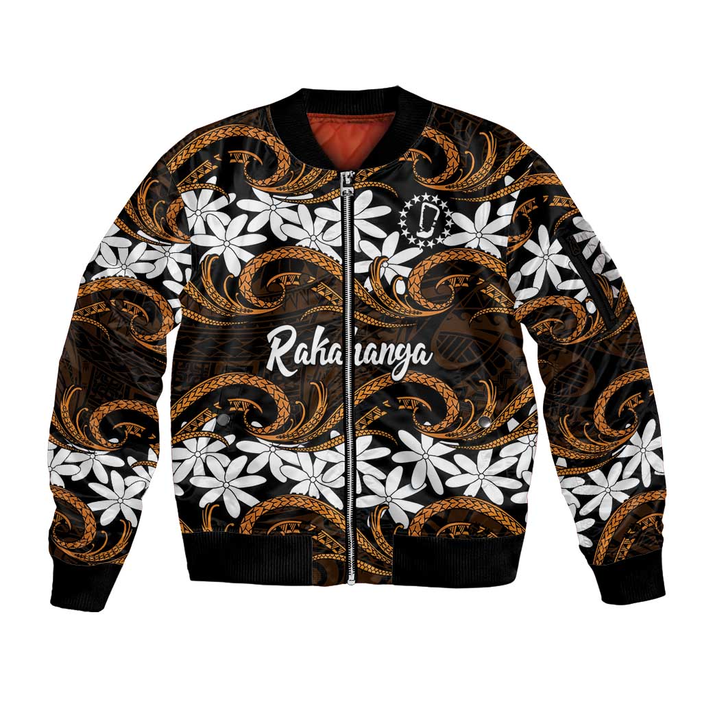 Personalised Cook Islands Rakahanga Sleeve Zip Bomber Jacket Tiare Maori Polynesian Waves Tattoo