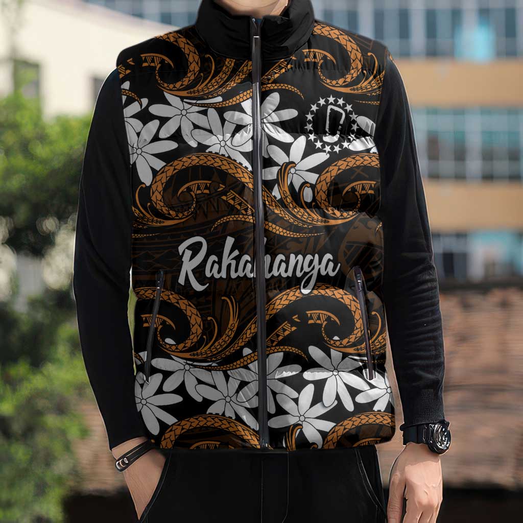 Personalised Cook Islands Rakahanga Sleeveless Puffer Jacket Tiare Maori Polynesian Waves Tattoo