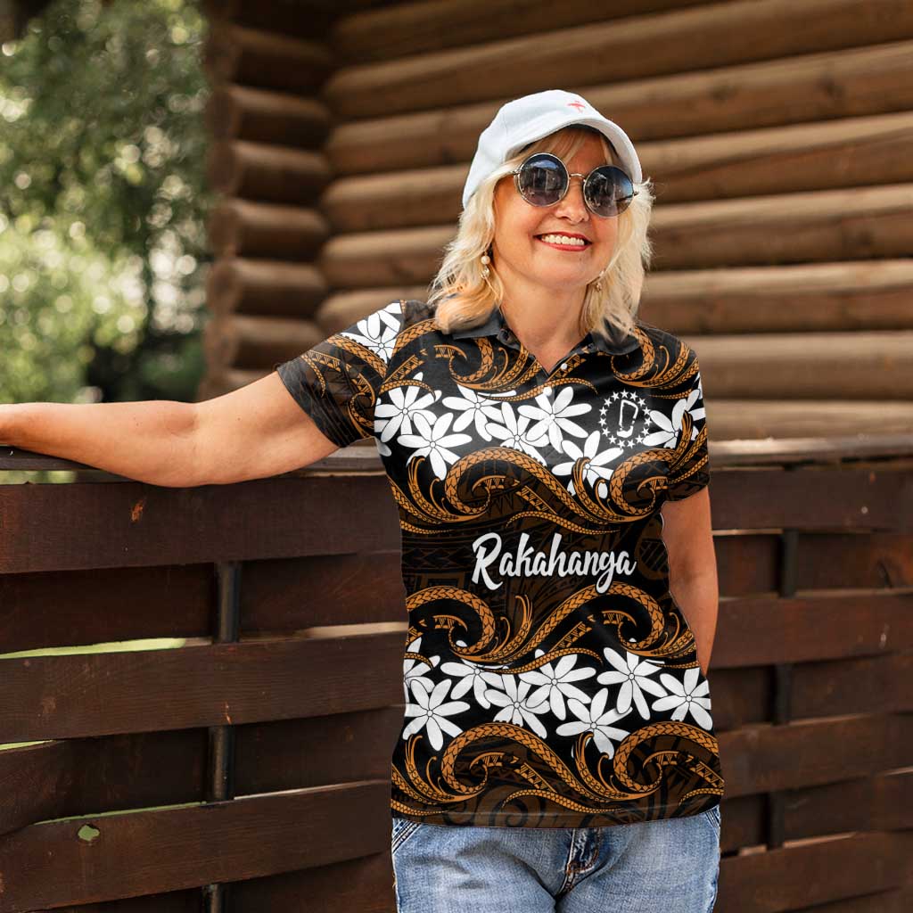 Personalised Cook Islands Rakahanga Women Polo Shirt Tiare Maori Polynesian Waves Tattoo LT14 - Polynesian Pride