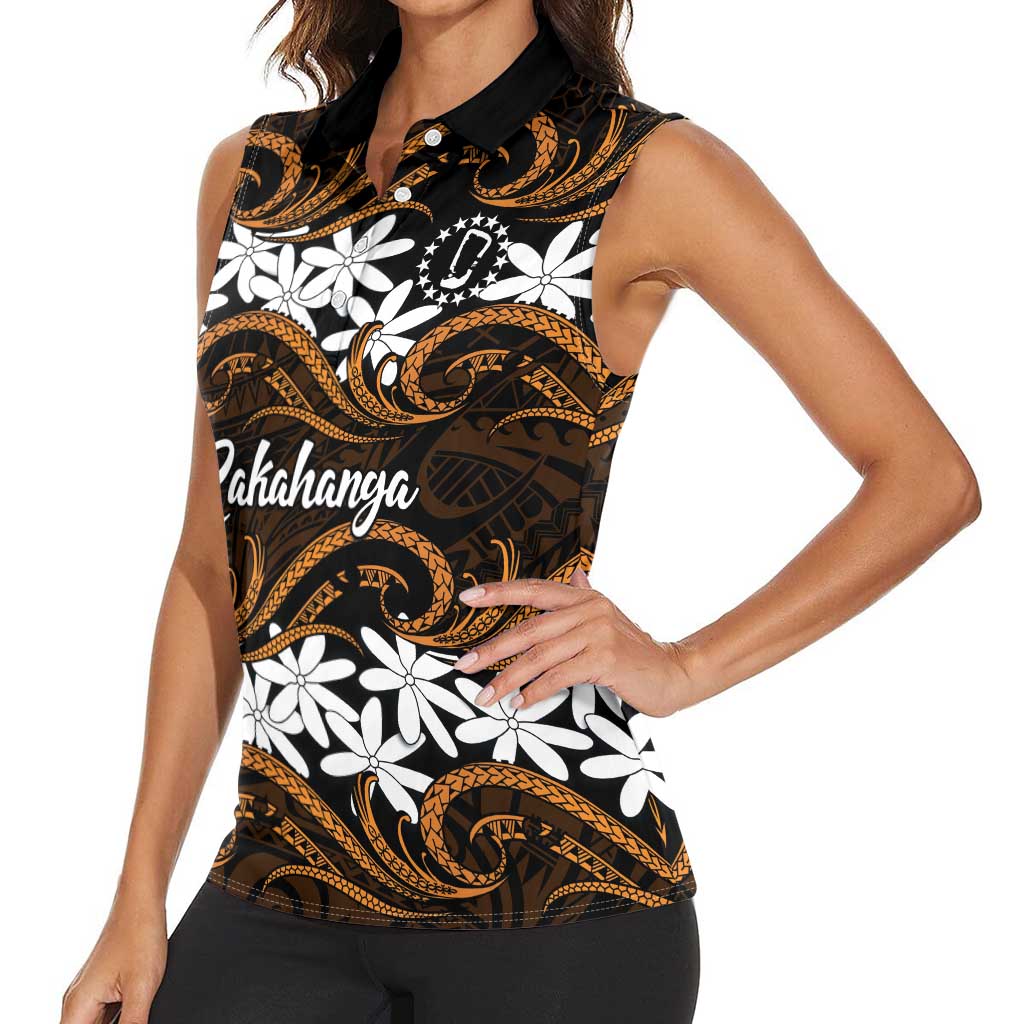 Personalised Cook Islands Rakahanga Women Sleeveless Polo Shirt Tiare Maori Polynesian Waves Tattoo LT14 - Polynesian Pride