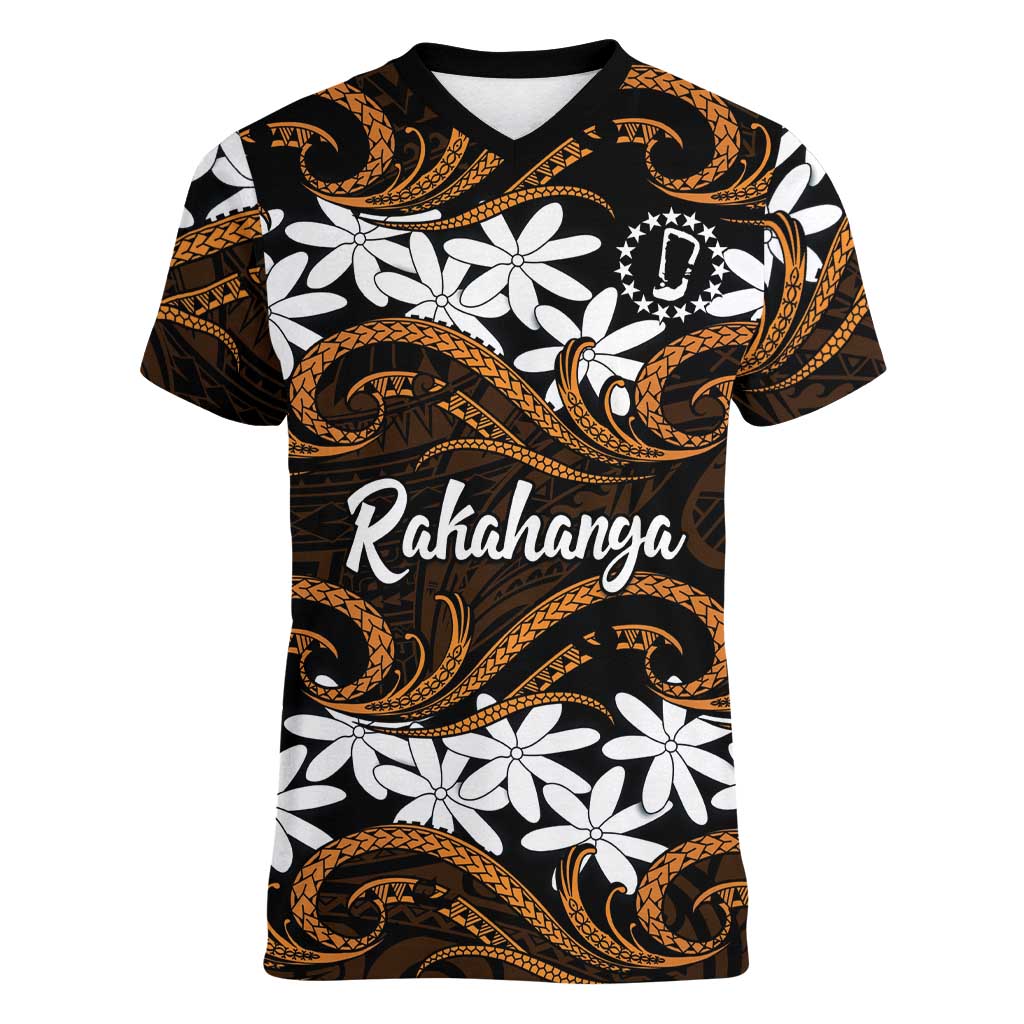 Personalised Cook Islands Rakahanga Women V-Neck T-Shirt Tiare Maori Polynesian Waves Tattoo LT14 Female Orange - Polynesian Pride