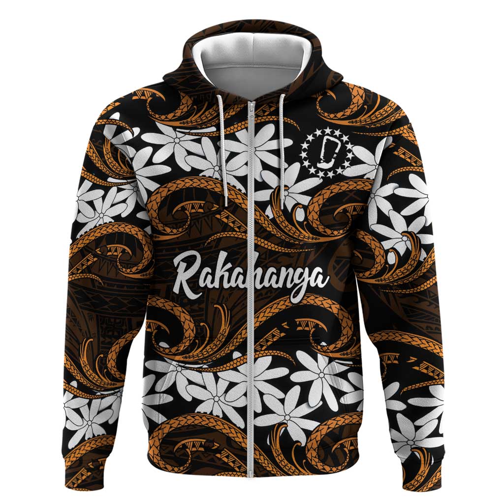 Personalised Cook Islands Rakahanga Zip Hoodie Tiare Maori Polynesian Waves Tattoo