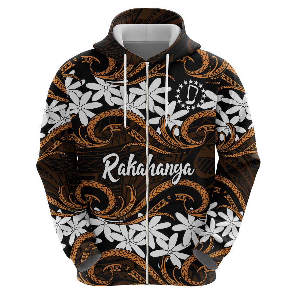 Personalised Cook Islands Rakahanga Zip Hoodie Tiare Maori Polynesian Waves Tattoo