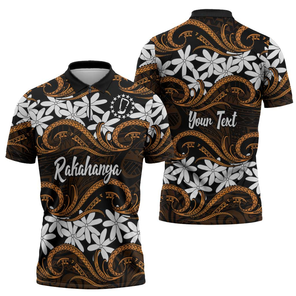Personalised Cook Islands Rakahanga Zipper Polo Shirt Tiare Maori Polynesian Waves Tattoo LT14 - Polynesian Pride
