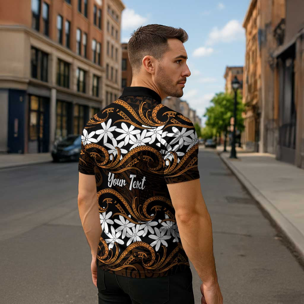 Personalised Cook Islands Rakahanga Zipper Polo Shirt Tiare Maori Polynesian Waves Tattoo LT14 - Polynesian Pride
