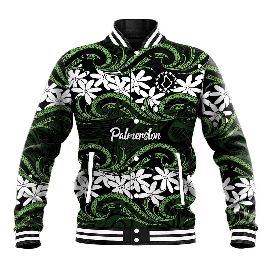 Personalised Cook Islands Palmerston Baseball Jacket Tiare Maori Polynesian Waves Tattoo