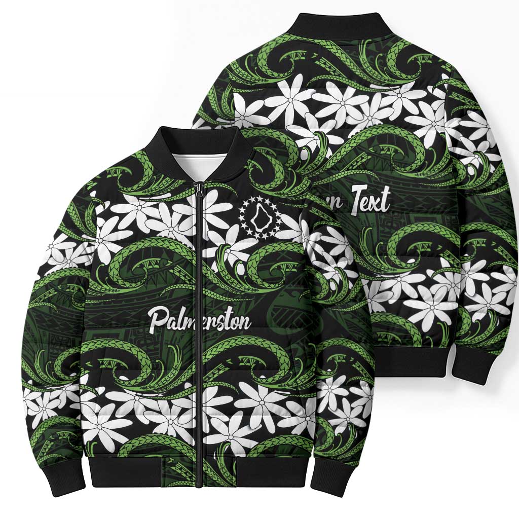 Personalised Cook Islands Palmerston Bomber Puffer Jacket Tiare Maori Polynesian Waves Tattoo