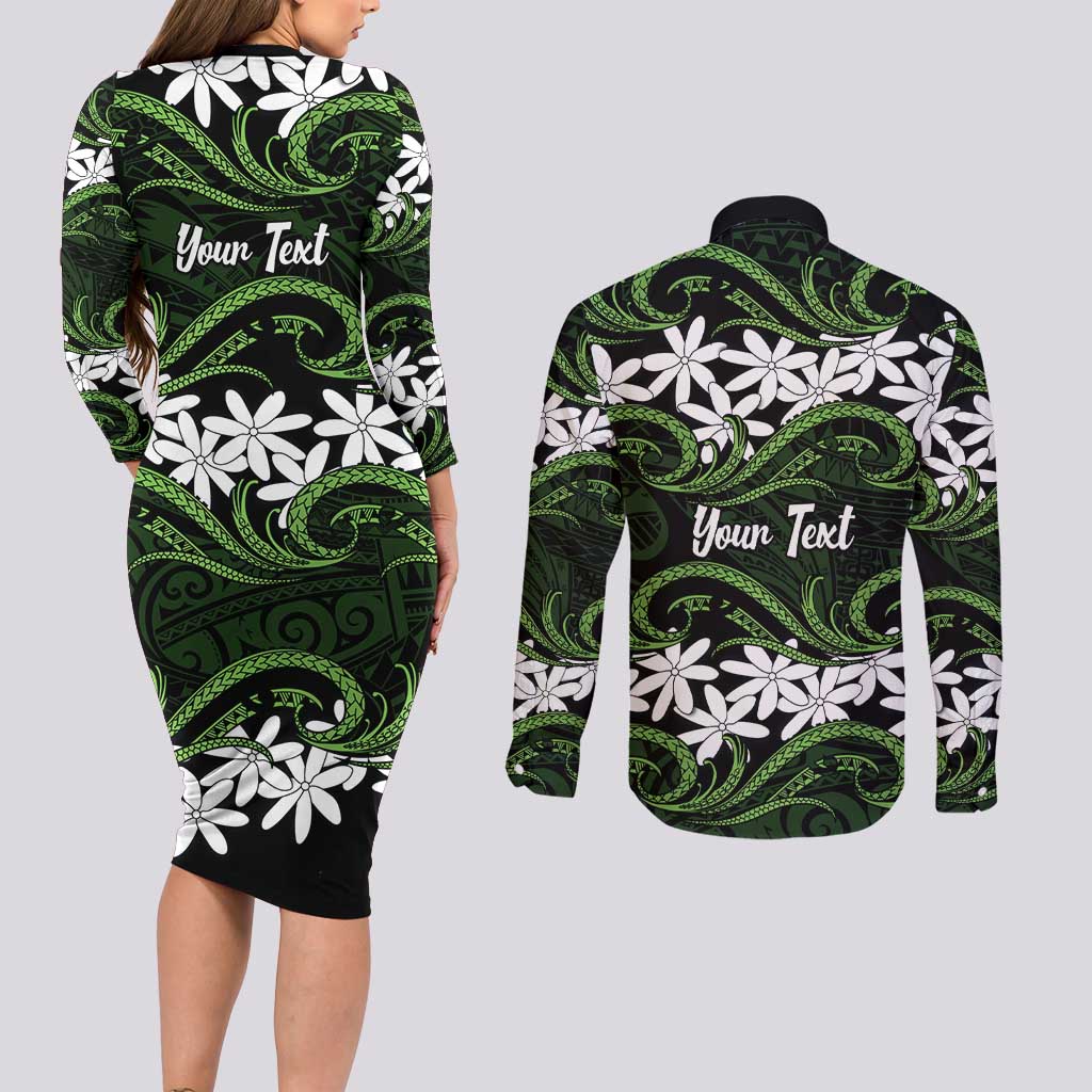 Personalised Cook Islands Palmerston Couples Matching Long Sleeve Bodycon Dress and Long Sleeve Button Shirt Tiare Maori Polynesian Waves Tattoo LT14 - Polynesian Pride
