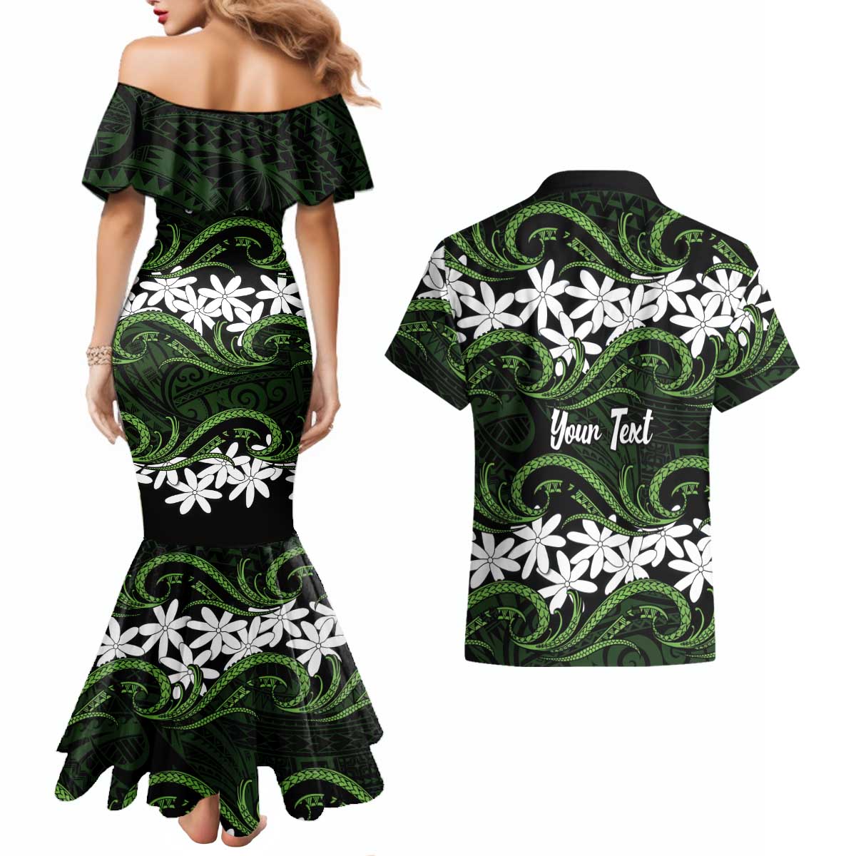 Personalised Cook Islands Palmerston Couples Matching Mermaid Dress and Hawaiian Shirt Tiare Maori Polynesian Waves Tattoo LT14 - Polynesian Pride