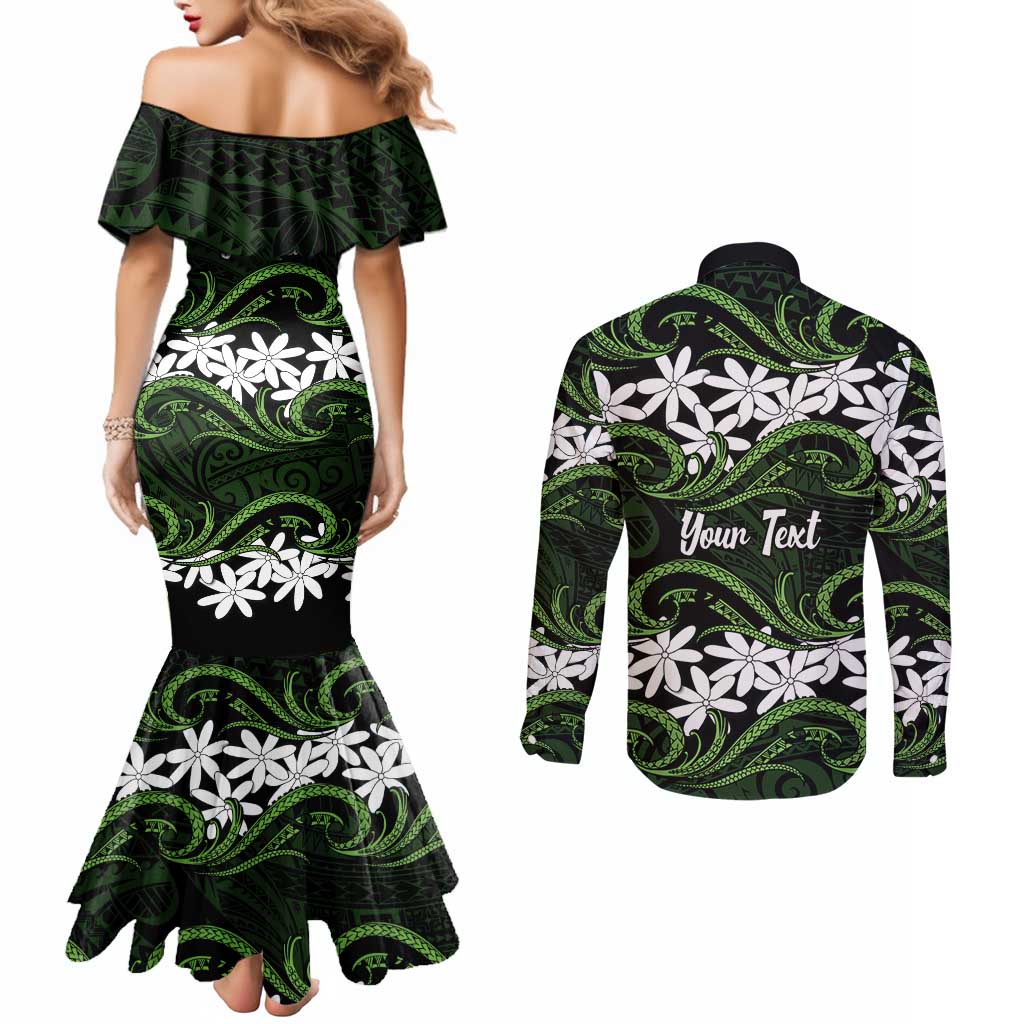 Personalised Cook Islands Palmerston Couples Matching Mermaid Dress and Long Sleeve Button Shirt Tiare Maori Polynesian Waves Tattoo LT14 - Polynesian Pride