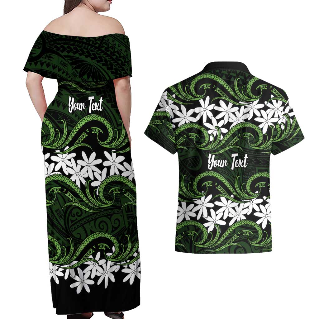 Personalised Cook Islands Palmerston Couples Matching Off Shoulder Maxi Dress and Hawaiian Shirt Tiare Maori Polynesian Waves Tattoo LT14 - Polynesian Pride