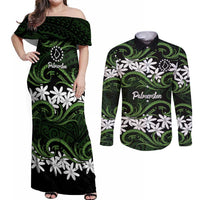 Personalised Cook Islands Palmerston Couples Matching Off Shoulder Maxi Dress and Long Sleeve Button Shirt Tiare Maori Polynesian Waves Tattoo LT14 Green - Polynesian Pride