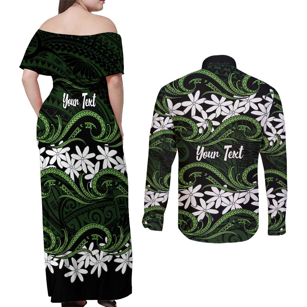 Personalised Cook Islands Palmerston Couples Matching Off Shoulder Maxi Dress and Long Sleeve Button Shirt Tiare Maori Polynesian Waves Tattoo LT14 - Polynesian Pride