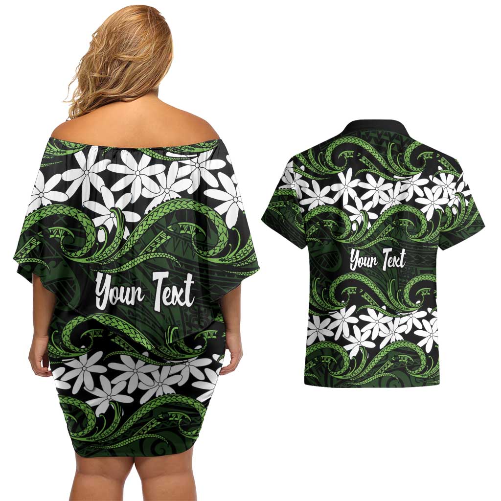 Personalised Cook Islands Palmerston Couples Matching Off Shoulder Short Dress and Hawaiian Shirt Tiare Maori Polynesian Waves Tattoo LT14 - Polynesian Pride