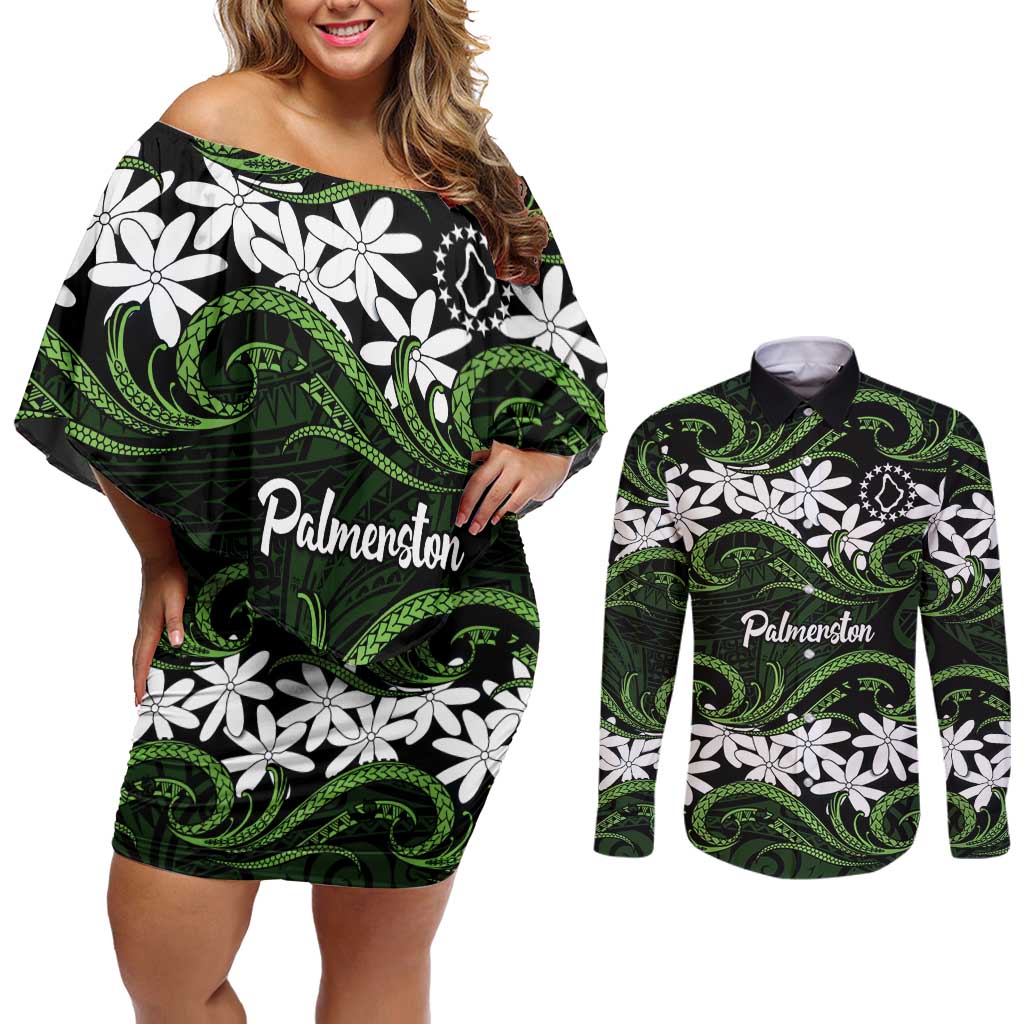 Personalised Cook Islands Palmerston Couples Matching Off Shoulder Short Dress and Long Sleeve Button Shirt Tiare Maori Polynesian Waves Tattoo LT14 Green - Polynesian Pride