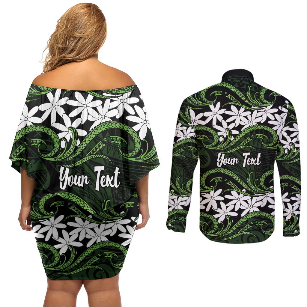 Personalised Cook Islands Palmerston Couples Matching Off Shoulder Short Dress and Long Sleeve Button Shirt Tiare Maori Polynesian Waves Tattoo LT14 - Polynesian Pride
