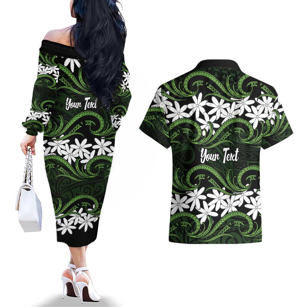 Personalised Cook Islands Palmerston Couples Matching Off The Shoulder Long Sleeve Dress and Hawaiian Shirt Tiare Maori Polynesian Waves Tattoo LT14 - Polynesian Pride