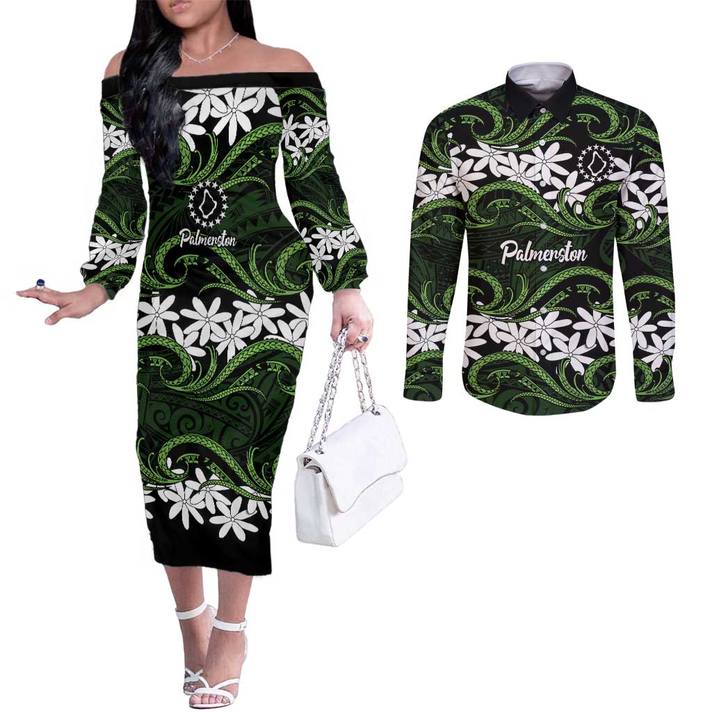 Personalised Cook Islands Palmerston Couples Matching Off The Shoulder Long Sleeve Dress and Long Sleeve Button Shirt Tiare Maori Polynesian Waves Tattoo