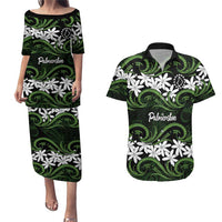 Personalised Cook Islands Palmerston Couples Matching Puletasi and Hawaiian Shirt Tiare Maori Polynesian Waves Tattoo LT14 Green - Polynesian Pride