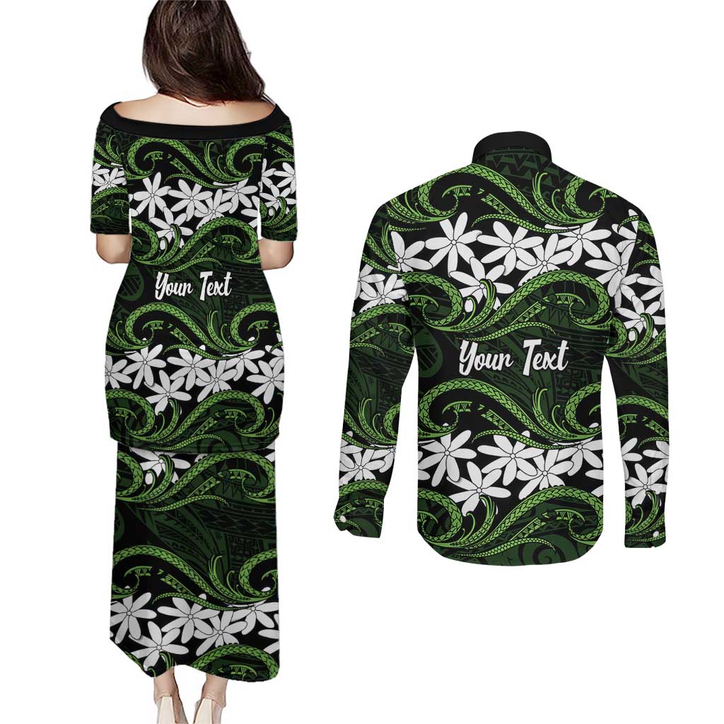 Personalised Cook Islands Palmerston Couples Matching Puletasi and Long Sleeve Button Shirt Tiare Maori Polynesian Waves Tattoo LT14 - Polynesian Pride
