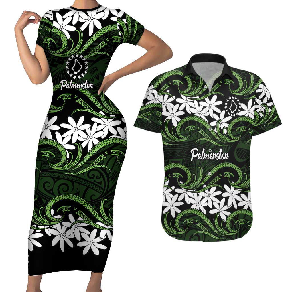 Personalised Cook Islands Palmerston Couples Matching Short Sleeve Bodycon Dress and Hawaiian Shirt Tiare Maori Polynesian Waves Tattoo LT14 Green - Polynesian Pride