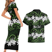 Personalised Cook Islands Palmerston Couples Matching Short Sleeve Bodycon Dress and Hawaiian Shirt Tiare Maori Polynesian Waves Tattoo LT14 - Polynesian Pride