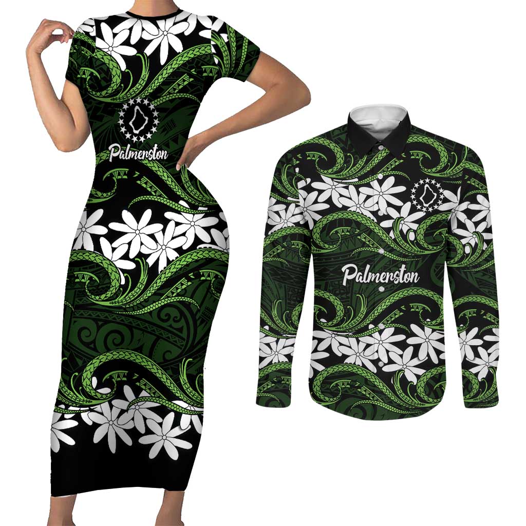 Personalised Cook Islands Palmerston Couples Matching Short Sleeve Bodycon Dress and Long Sleeve Button Shirt Tiare Maori Polynesian Waves Tattoo LT14 Green - Polynesian Pride