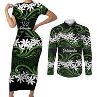 Personalised Cook Islands Palmerston Couples Matching Short Sleeve Bodycon Dress and Long Sleeve Button Shirt Tiare Maori Polynesian Waves Tattoo LT14 Green - Polynesian Pride