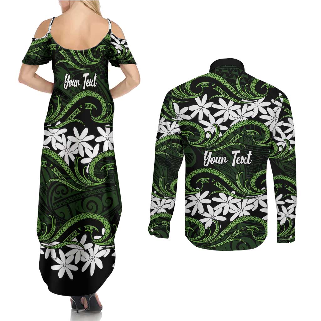 Personalised Cook Islands Palmerston Couples Matching Summer Maxi Dress and Long Sleeve Button Shirt Tiare Maori Polynesian Waves Tattoo LT14 - Polynesian Pride