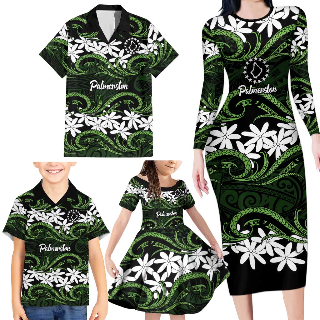 Personalised Cook Islands Palmerston Family Matching Long Sleeve Bodycon Dress and Hawaiian Shirt Tiare Maori Polynesian Waves Tattoo LT14 - Polynesian Pride