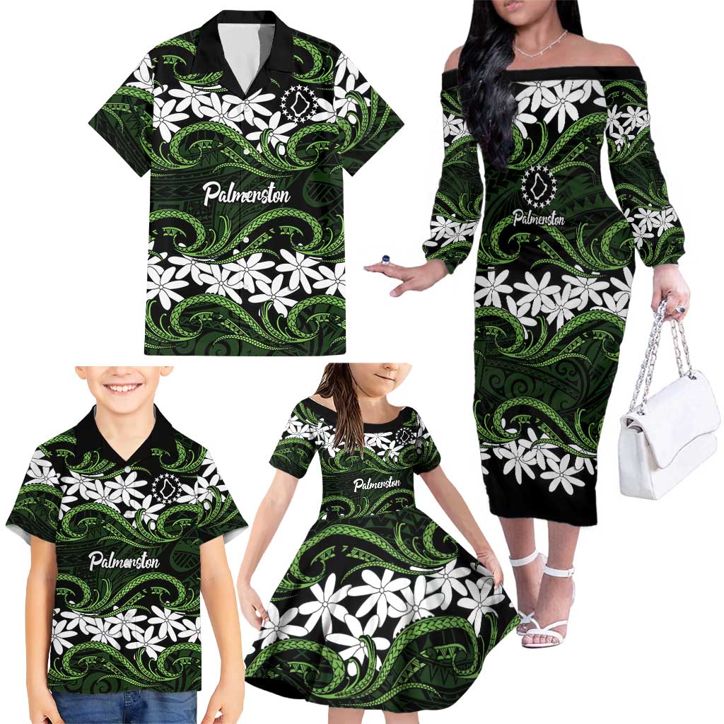 Personalised Cook Islands Palmerston Family Matching Off The Shoulder Long Sleeve Dress and Hawaiian Shirt Tiare Maori Polynesian Waves Tattoo
