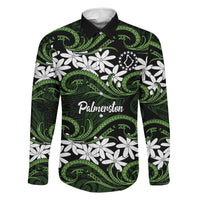 Personalised Cook Islands Palmerston Family Matching Off Shoulder Maxi Dress and Hawaiian Shirt Tiare Maori Polynesian Waves Tattoo LT14 Dad's Shirt - Long Sleeve Green - Polynesian Pride
