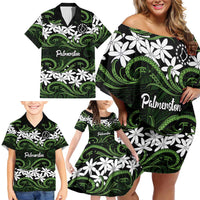 Personalised Cook Islands Palmerston Family Matching Off Shoulder Short Dress and Hawaiian Shirt Tiare Maori Polynesian Waves Tattoo LT14 - Polynesian Pride
