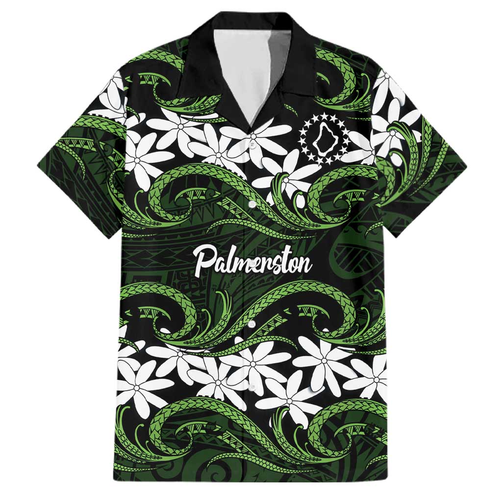 Personalised Cook Islands Palmerston Family Matching Off Shoulder Short Dress and Hawaiian Shirt Tiare Maori Polynesian Waves Tattoo LT14 Dad's Shirt - Short Sleeve Green - Polynesian Pride