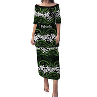 Personalised Cook Islands Palmerston Family Matching Puletasi and Hawaiian Shirt Tiare Maori Polynesian Waves Tattoo LT14 Mom's Dress Green - Polynesian Pride