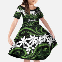 Personalised Cook Islands Palmerston Family Matching Short Sleeve Bodycon Dress and Hawaiian Shirt Tiare Maori Polynesian Waves Tattoo LT14 Daughter's Dress Green - Polynesian Pride