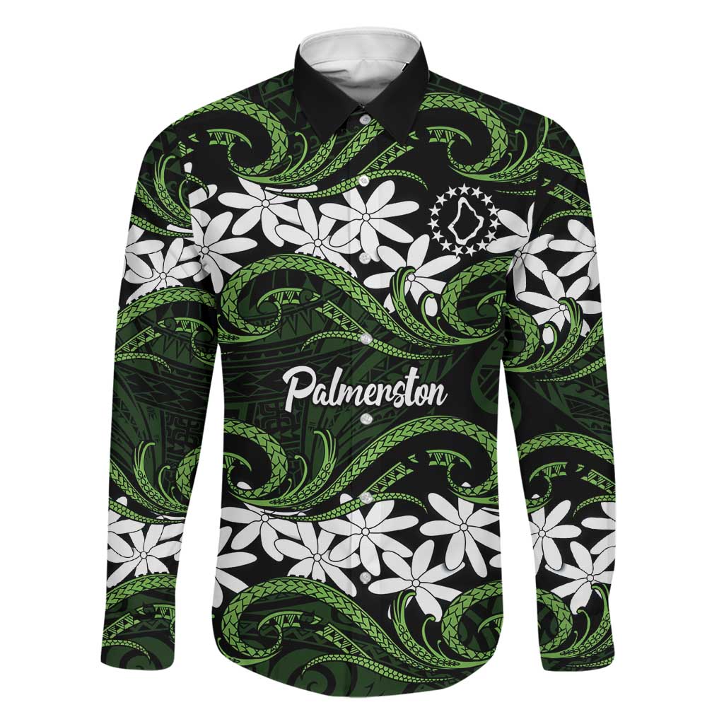 Personalised Cook Islands Palmerston Family Matching Short Sleeve Bodycon Dress and Hawaiian Shirt Tiare Maori Polynesian Waves Tattoo LT14 Dad's Shirt - Long Sleeve Green - Polynesian Pride