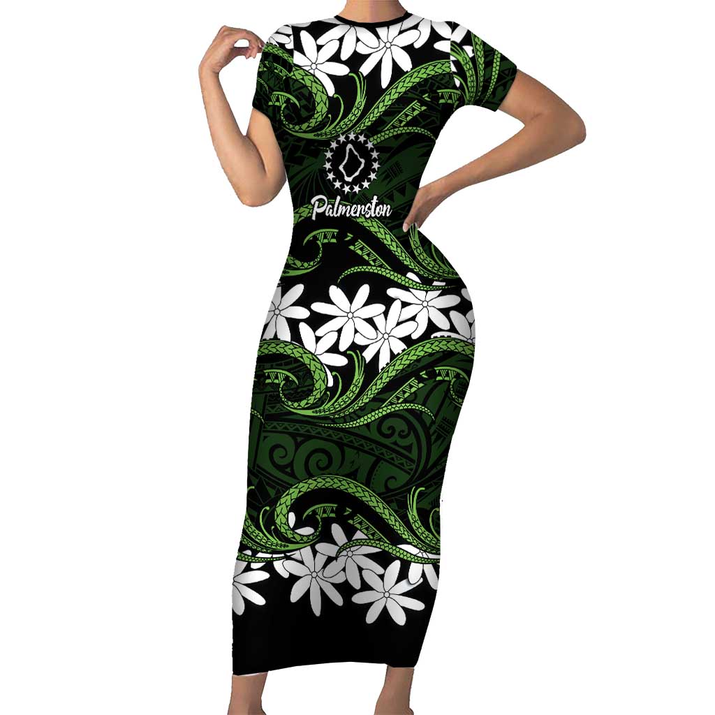 Personalised Cook Islands Palmerston Family Matching Short Sleeve Bodycon Dress and Hawaiian Shirt Tiare Maori Polynesian Waves Tattoo LT14 Mom's Dress Green - Polynesian Pride