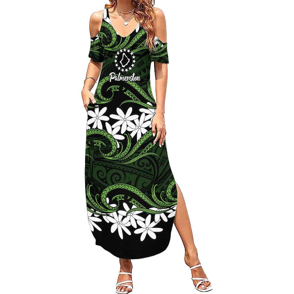 Personalised Cook Islands Palmerston Family Matching Summer Maxi Dress and Hawaiian Shirt Tiare Maori Polynesian Waves Tattoo LT14 Mom's Dress Green - Polynesian Pride