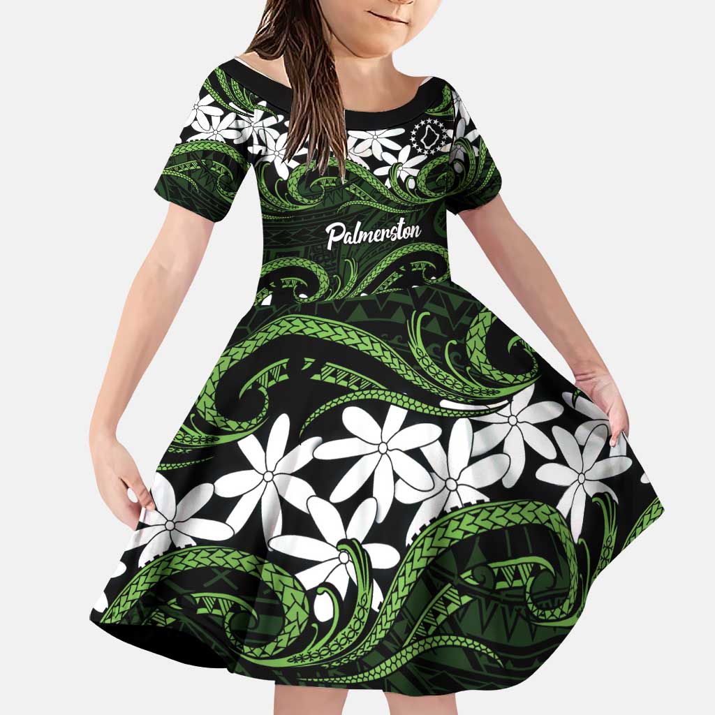 Personalised Cook Islands Palmerston Family Matching Tank Maxi Dress and Hawaiian Shirt Tiare Maori Polynesian Waves Tattoo LT14 Daughter's Dress Green - Polynesian Pride