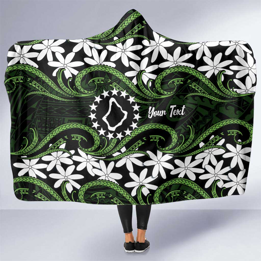 Personalised Cook Islands Palmerston Hooded Blanket Tiare Maori Polynesian Waves Tattoo LT14 One Size Green - Polynesian Pride