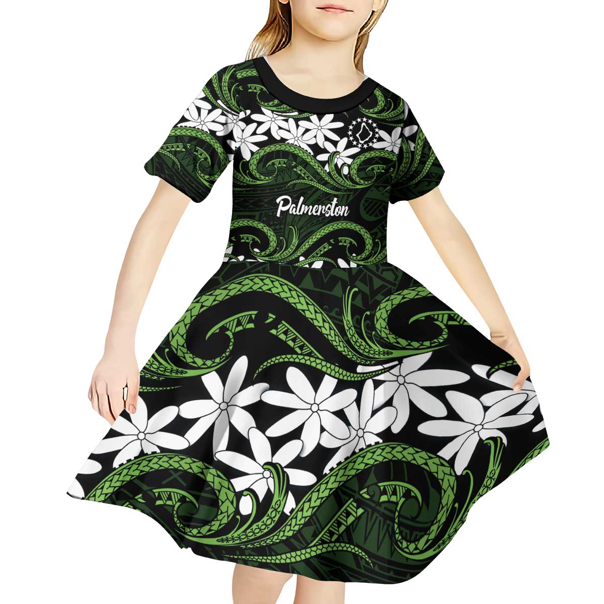 Personalised Cook Islands Palmerston Kid Short Sleeve Dress Tiare Maori Polynesian Waves Tattoo