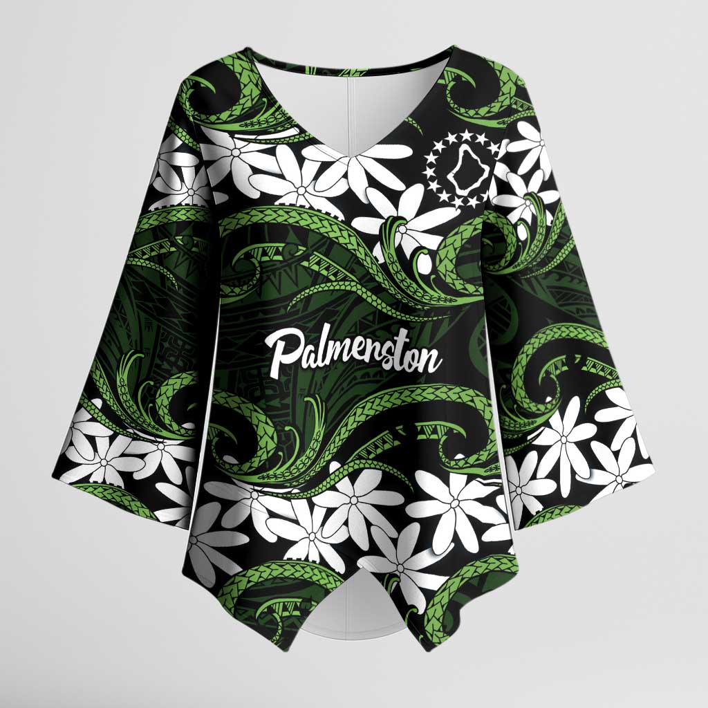 Personalised Cook Islands Palmerston Kimono Sleeve Blouse Tiare Maori Polynesian Waves Tattoo