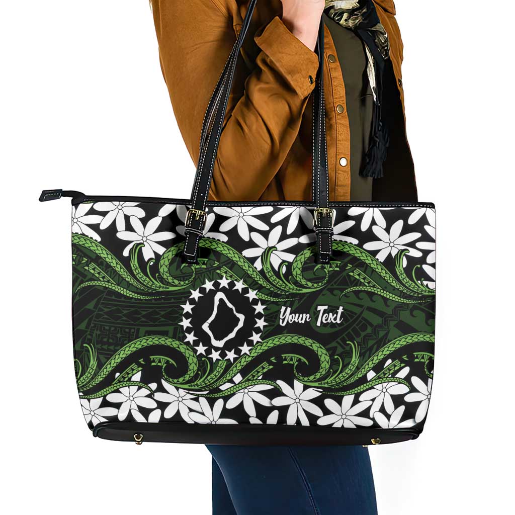 Personalised Cook Islands Palmerston Leather Tote Bag Tiare Maori Polynesian Waves Tattoo
