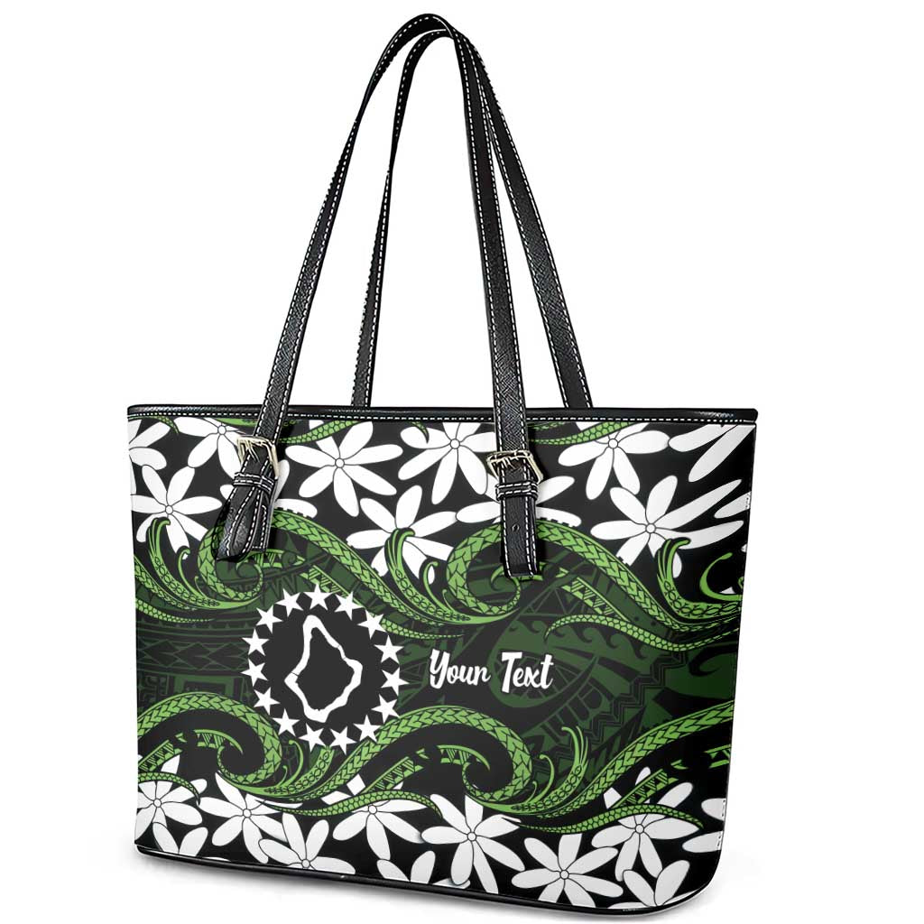 Personalised Cook Islands Palmerston Leather Tote Bag Tiare Maori Polynesian Waves Tattoo