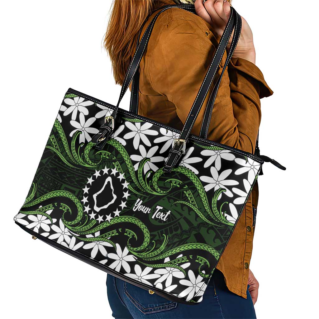 Personalised Cook Islands Palmerston Leather Tote Bag Tiare Maori Polynesian Waves Tattoo